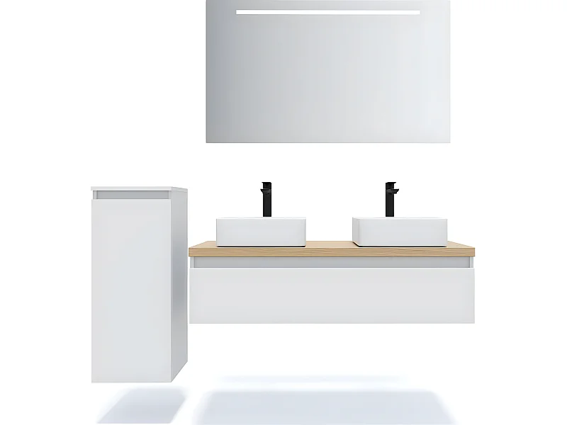 Meuble de salle de bain suspendu 2 vasques à poser 120cm 1 tiroir Blanc + miroir + colonne ouverture gauche - Hudson