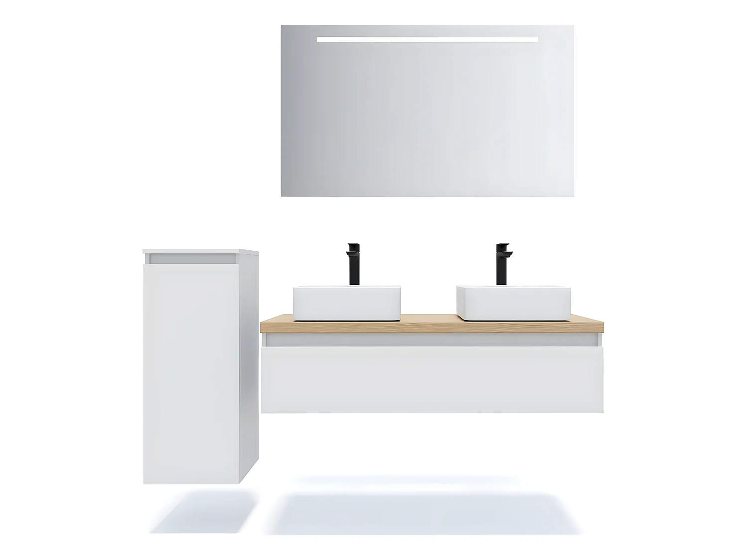 Meuble de salle de bain suspendu 2 vasques à poser 120cm 1 tiroir Blanc + miroir + colonne ouverture gauche - Hudson