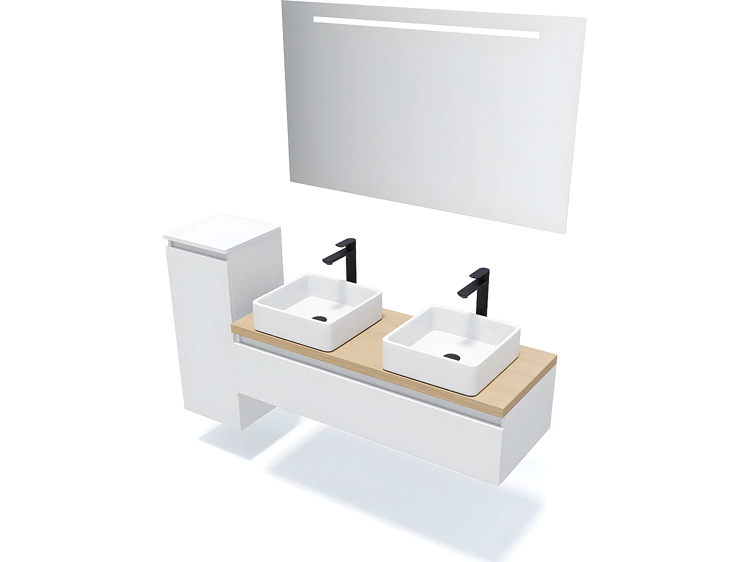 Meuble de salle de bain suspendu 2 vasques à poser 120cm 1 tiroir Blanc + miroir + colonne ouverture gauche - Hudson