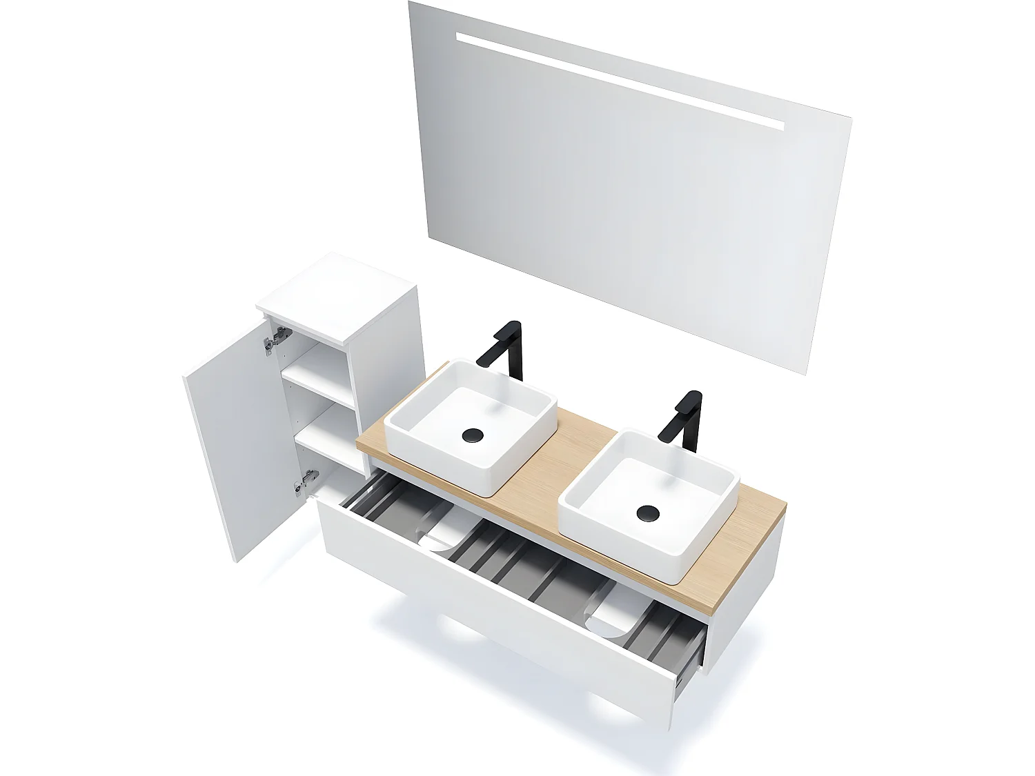 Meuble de salle de bain suspendu 2 vasques à poser 120cm 1 tiroir Blanc + miroir + colonne ouverture gauche - Hudson
