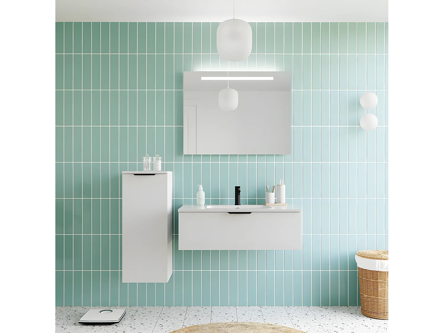 Meuble de salle de bain suspendu vasque intégrée 90cm 1 tiroir Blanc + miroir + colonne ouverture gauche - Soho