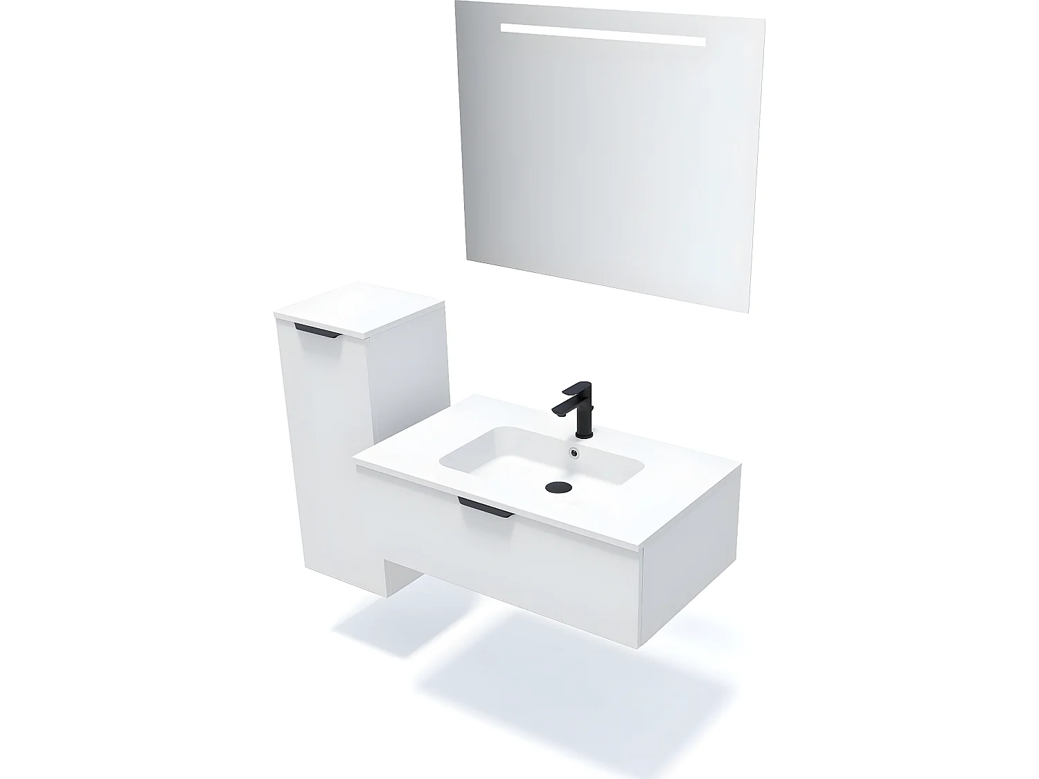 Meuble de salle de bain suspendu vasque intégrée 90cm 1 tiroir Blanc + miroir + colonne ouverture gauche - Soho