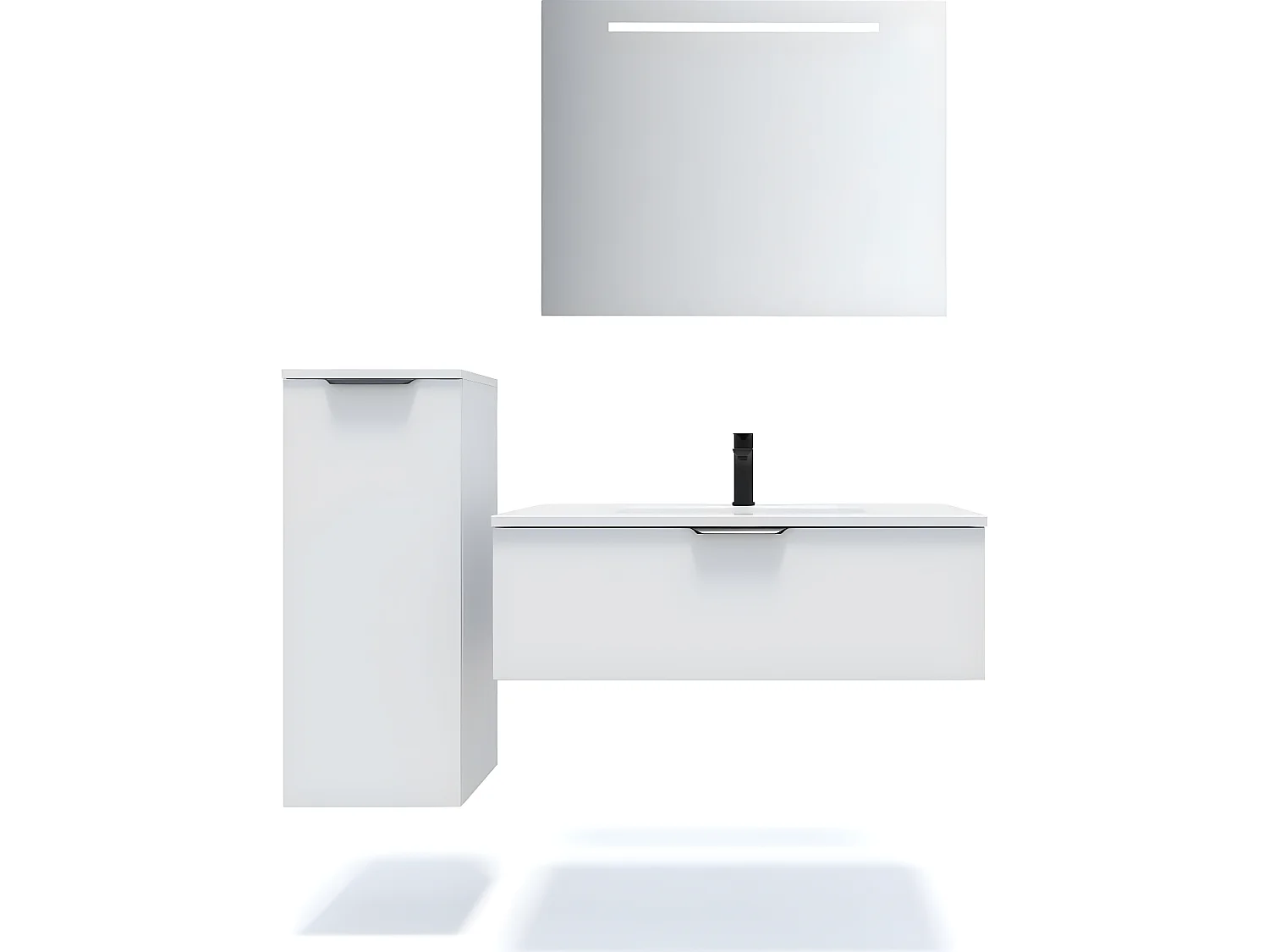 Meuble de salle de bain suspendu vasque intégrée 90cm 1 tiroir Blanc + miroir + colonne ouverture gauche - Soho