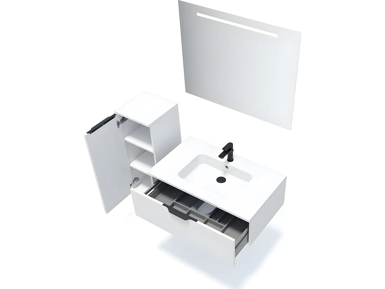 Meuble de salle de bain suspendu vasque intégrée 90cm 1 tiroir Blanc + miroir + colonne ouverture gauche - Soho