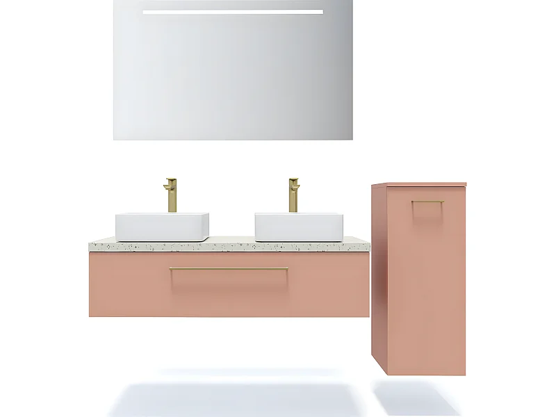 Meuble de salle de bain suspendu 2 vasques à poser 120cm 1 tiroir Abricot + miroir + colonne ouverture droite - Glasgow