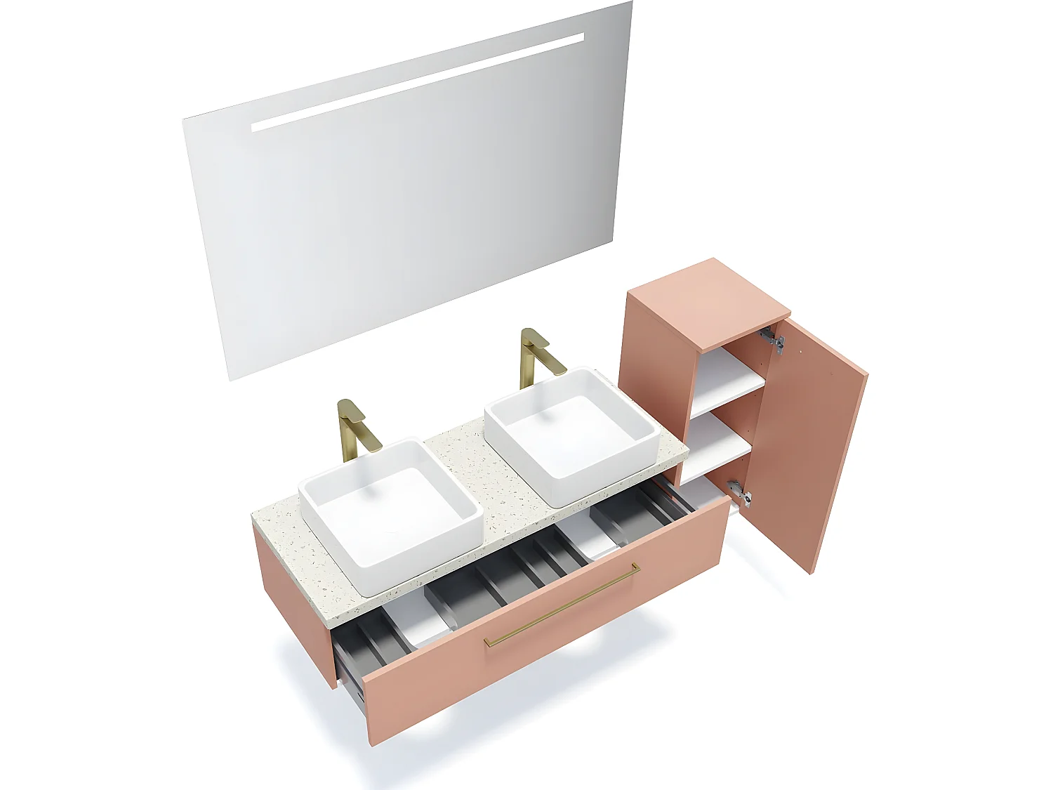 Meuble de salle de bain suspendu 2 vasques à poser 120cm 1 tiroir Abricot + miroir + colonne ouverture droite - Glasgow