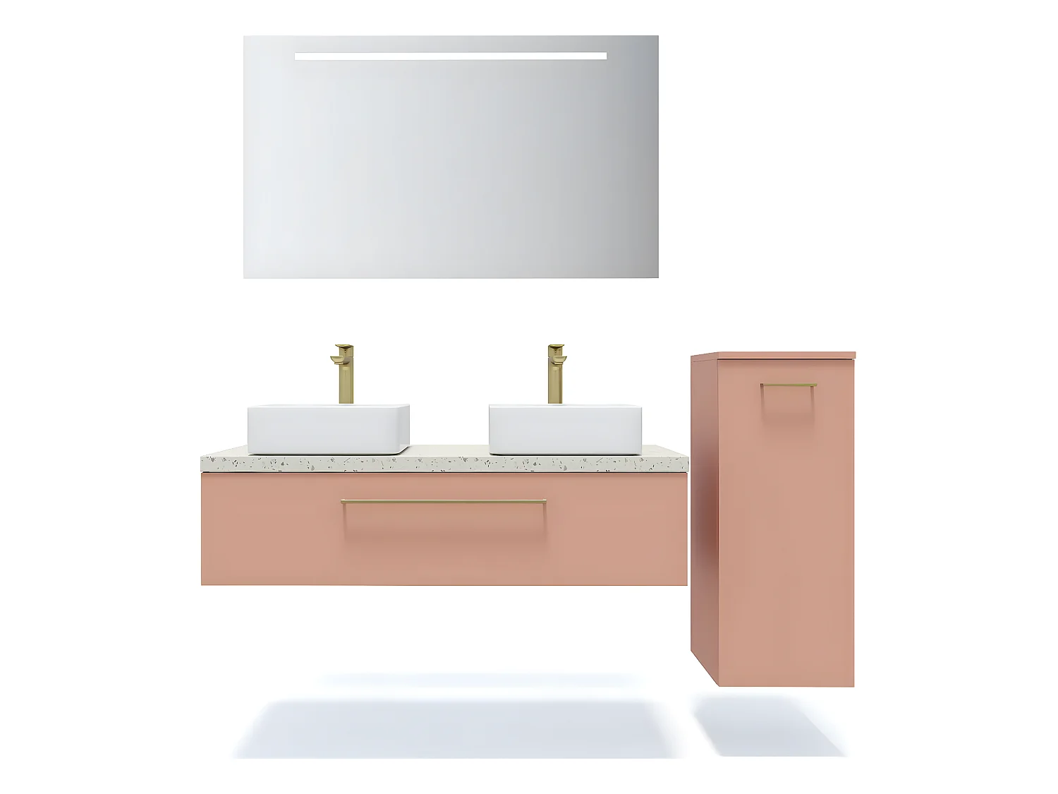 Meuble de salle de bain suspendu 2 vasques à poser 120cm 1 tiroir Abricot + miroir + colonne ouverture droite - Glasgow