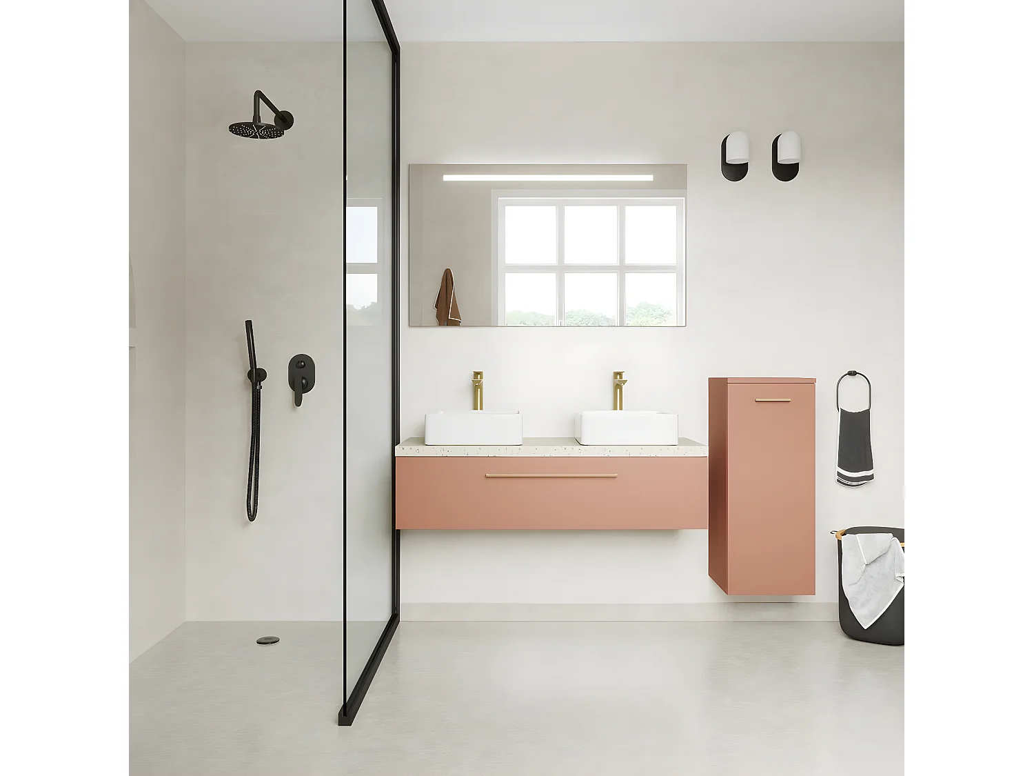 Meuble de salle de bain suspendu 2 vasques à poser 120cm 1 tiroir Abricot + miroir + colonne ouverture droite - Glasgow