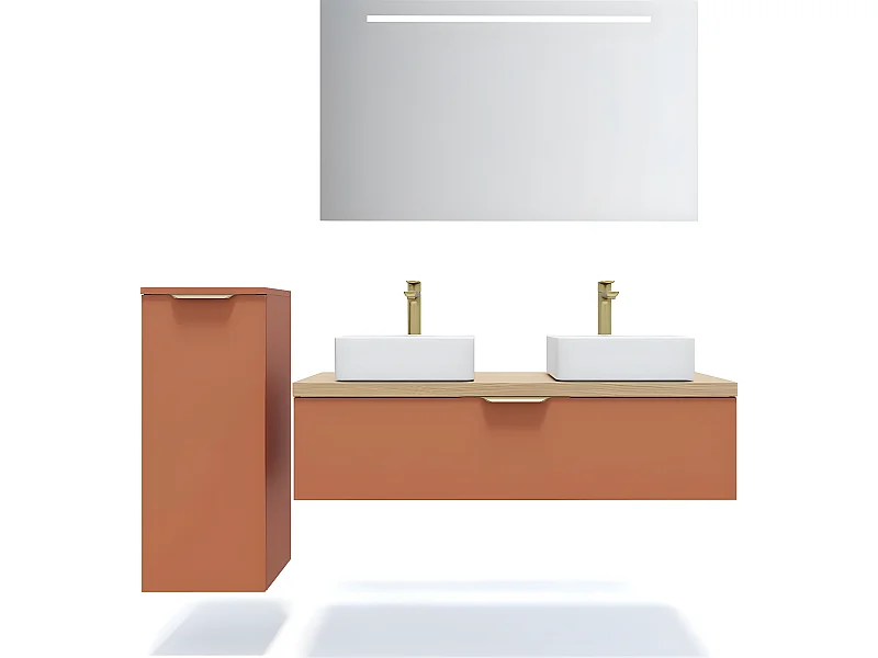 Meuble de salle de bain suspendu 2 vasques à poser 120cm 1 tiroir Terracotta + miroir + colonne ouverture gauche - Venice