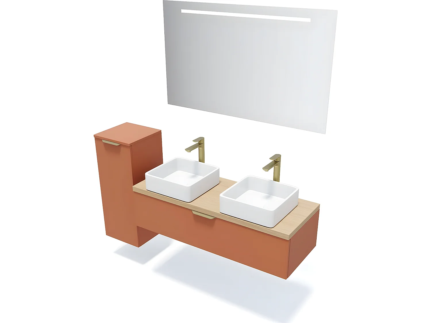 Meuble de salle de bain suspendu 2 vasques à poser 120cm 1 tiroir Terracotta + miroir + colonne ouverture gauche - Venice