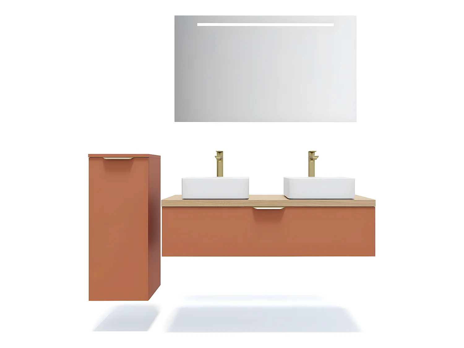 Meuble de salle de bain suspendu 2 vasques à poser 120cm 1 tiroir Terracotta + miroir + colonne ouverture gauche - Venice