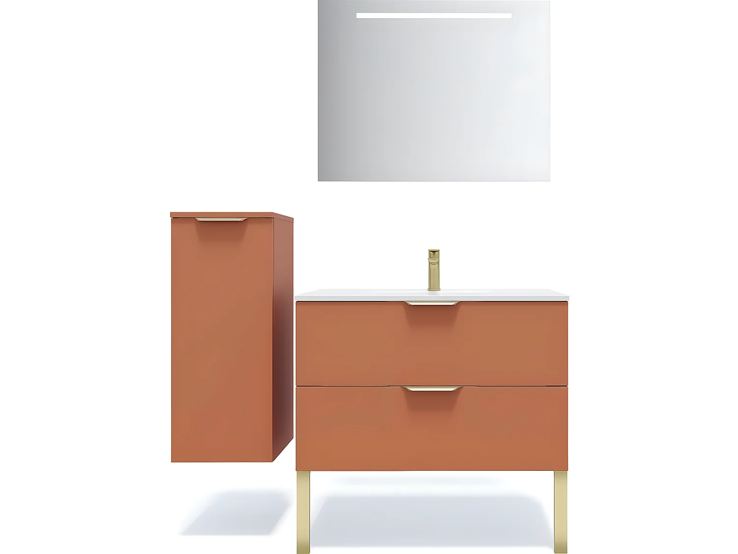 Meuble de salle de bain suspendu vasque intégrée 90cm 2 tiroirs Terracotta + miroir + colonne ouverture gauche - Venice