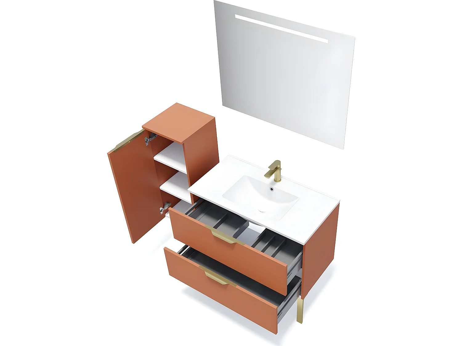 Meuble de salle de bain suspendu vasque intégrée 90cm 2 tiroirs Terracotta + miroir + colonne ouverture gauche - Venice