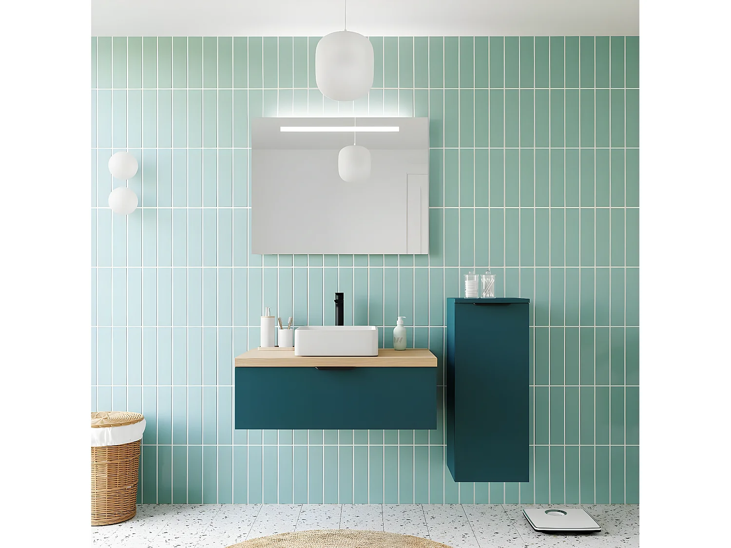 Meuble de salle de bain suspendu vasque à poser 90cm 1 tiroir Bleu + miroir + colonne ouverture droite - Soho