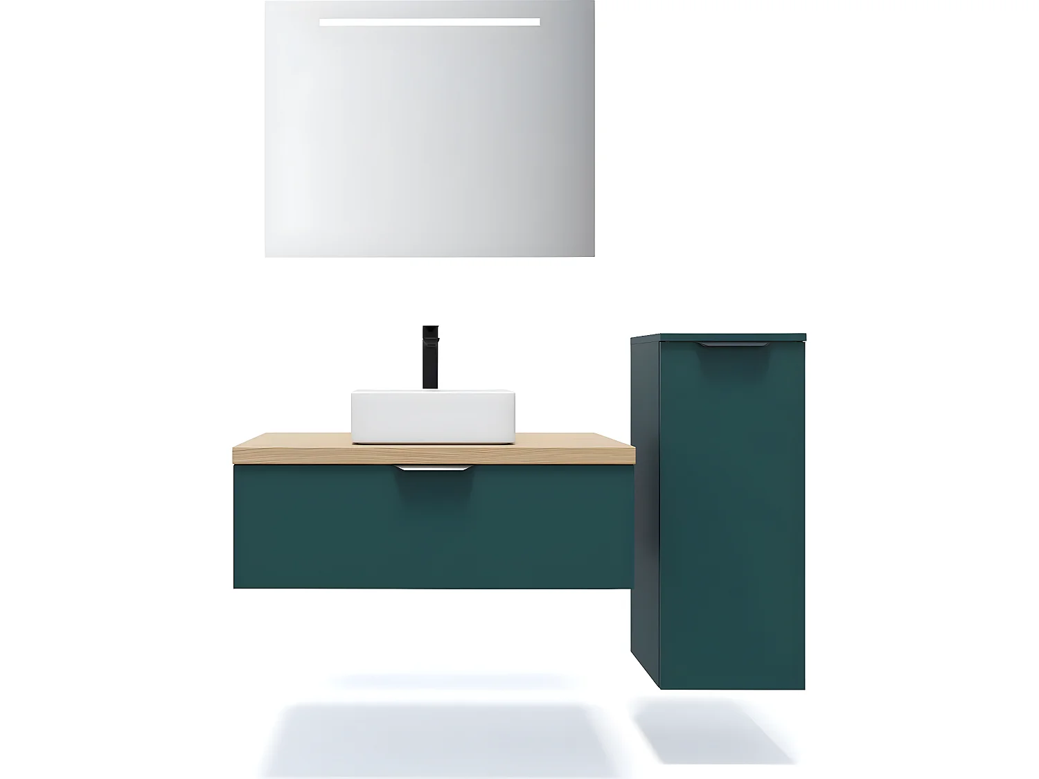 Meuble de salle de bain suspendu vasque à poser 90cm 1 tiroir Bleu + miroir + colonne ouverture droite - Soho