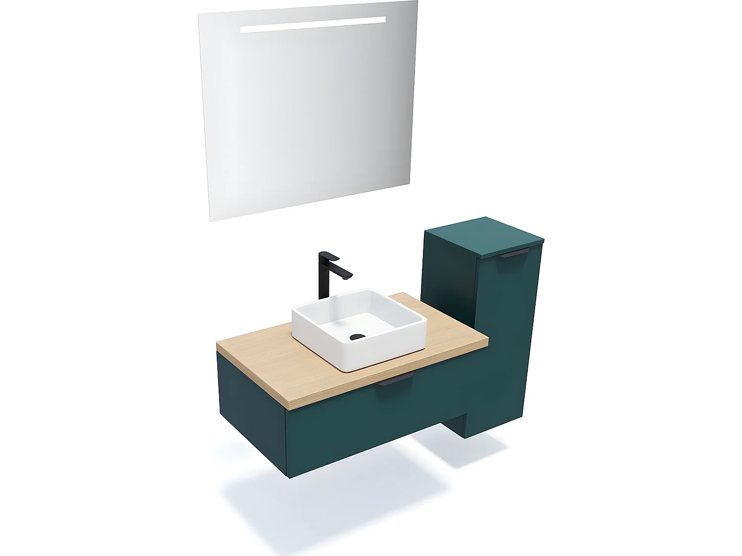 Meuble de salle de bain suspendu vasque à poser 90cm 1 tiroir Bleu + miroir + colonne ouverture droite - Soho