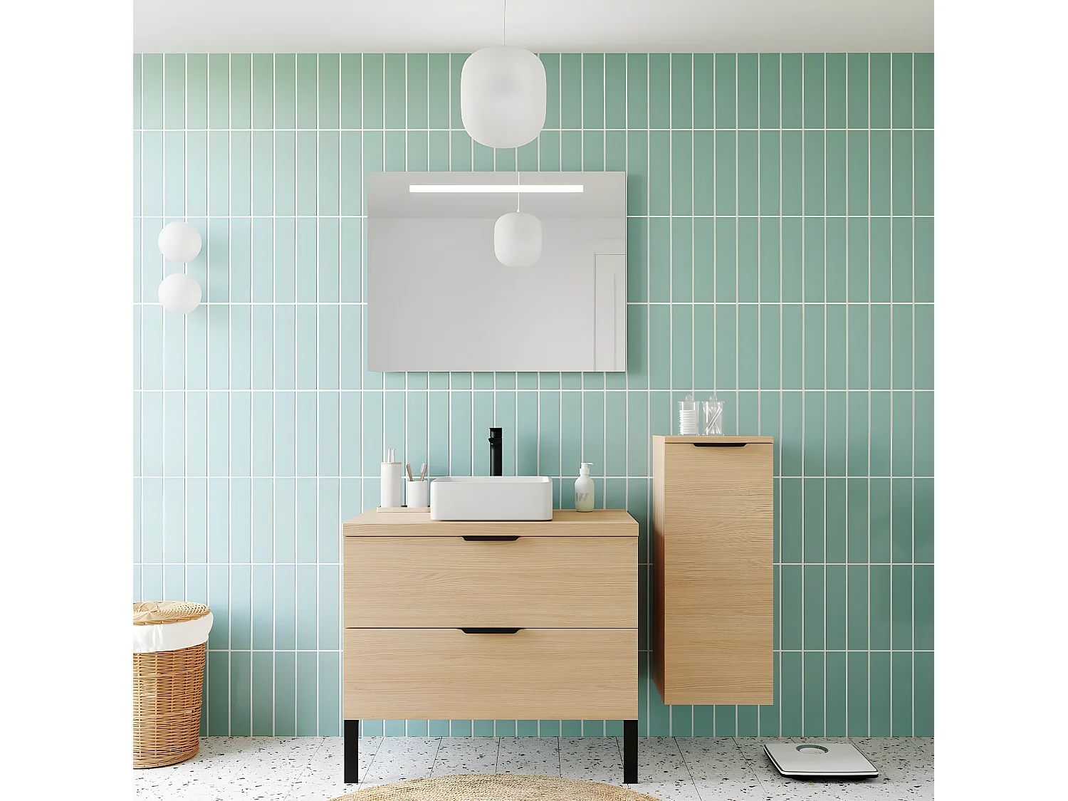 Meuble de salle de bain suspendu vasque à poser 90cm 2 tiroirs Chêne clair + miroir + colonne ouverture droite - Soho