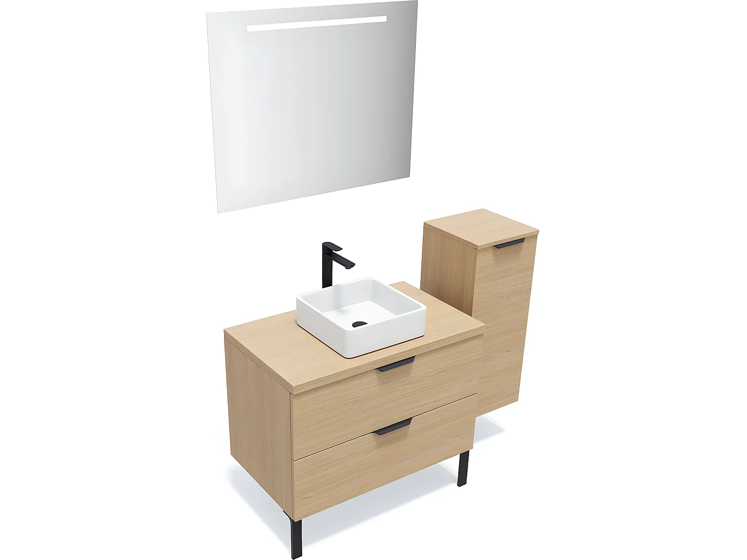 Meuble de salle de bain suspendu vasque à poser 90cm 2 tiroirs Chêne clair + miroir + colonne ouverture droite - Soho