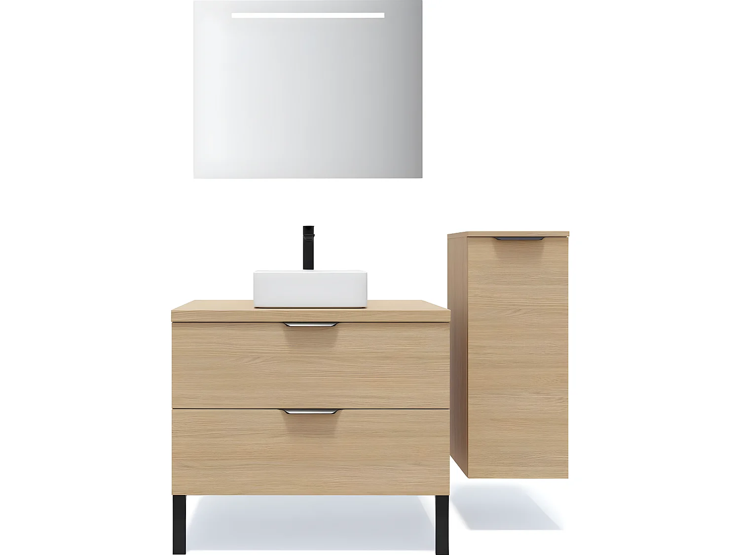 Meuble de salle de bain suspendu vasque à poser 90cm 2 tiroirs Chêne clair + miroir + colonne ouverture droite - Soho