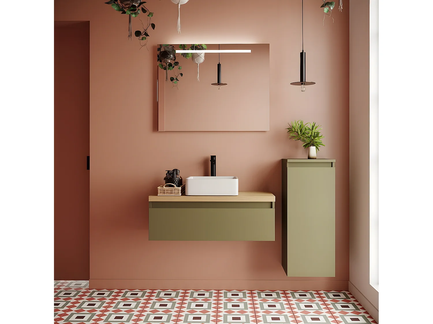 Meuble de salle de bain suspendu vasque à poser 90cm 1 tiroir Vert olive + miroir + colonne ouverture droite - Hudson