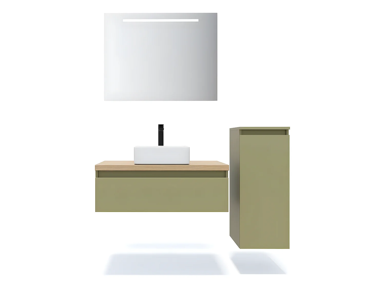 Meuble de salle de bain suspendu vasque à poser 90cm 1 tiroir Vert olive + miroir + colonne ouverture droite - Hudson