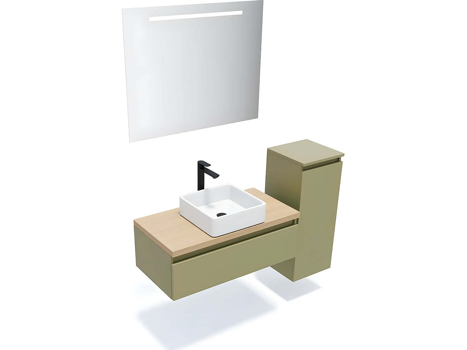 Meuble de salle de bain suspendu vasque à poser 90cm 1 tiroir Vert olive + miroir + colonne ouverture droite - Hudson