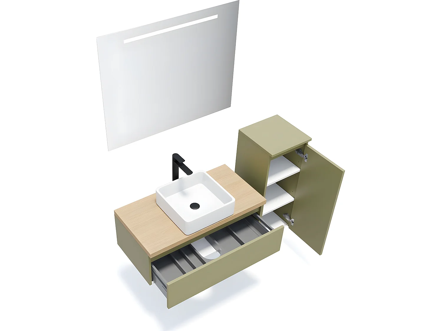 Meuble de salle de bain suspendu vasque à poser 90cm 1 tiroir Vert olive + miroir + colonne ouverture droite - Hudson