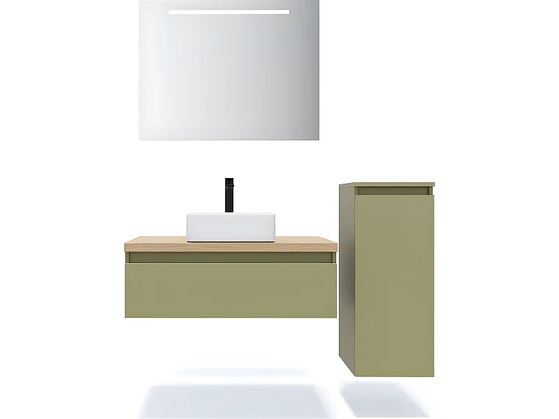 Meuble de salle de bain suspendu vasque à poser 90cm 1 tiroir Vert olive + miroir + colonne ouverture droite - Hudson