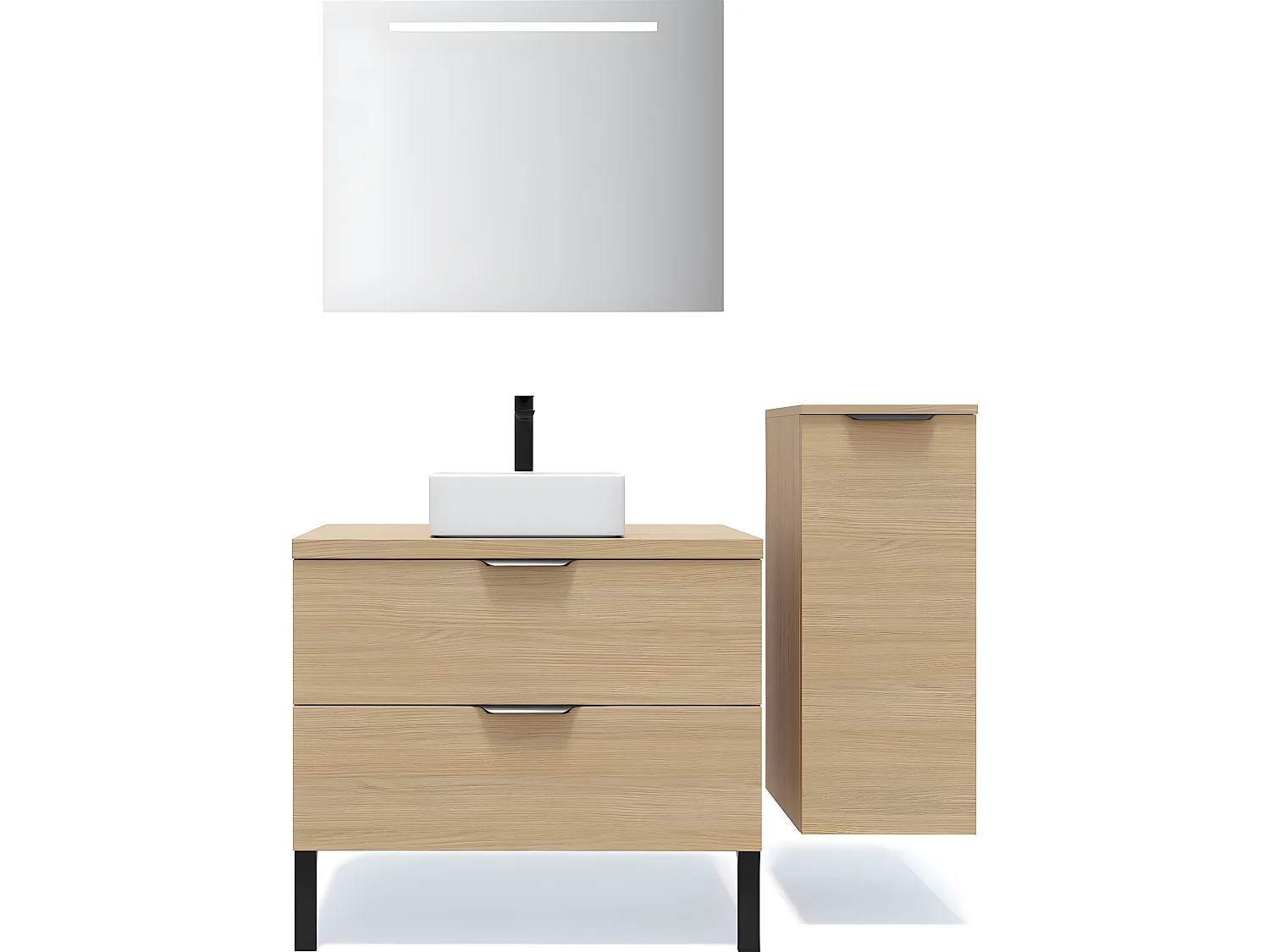 Meuble de salle de bain suspendu vasque à poser 90cm 2 tiroirs Chêne clair + miroir + colonne ouverture droite - Venice