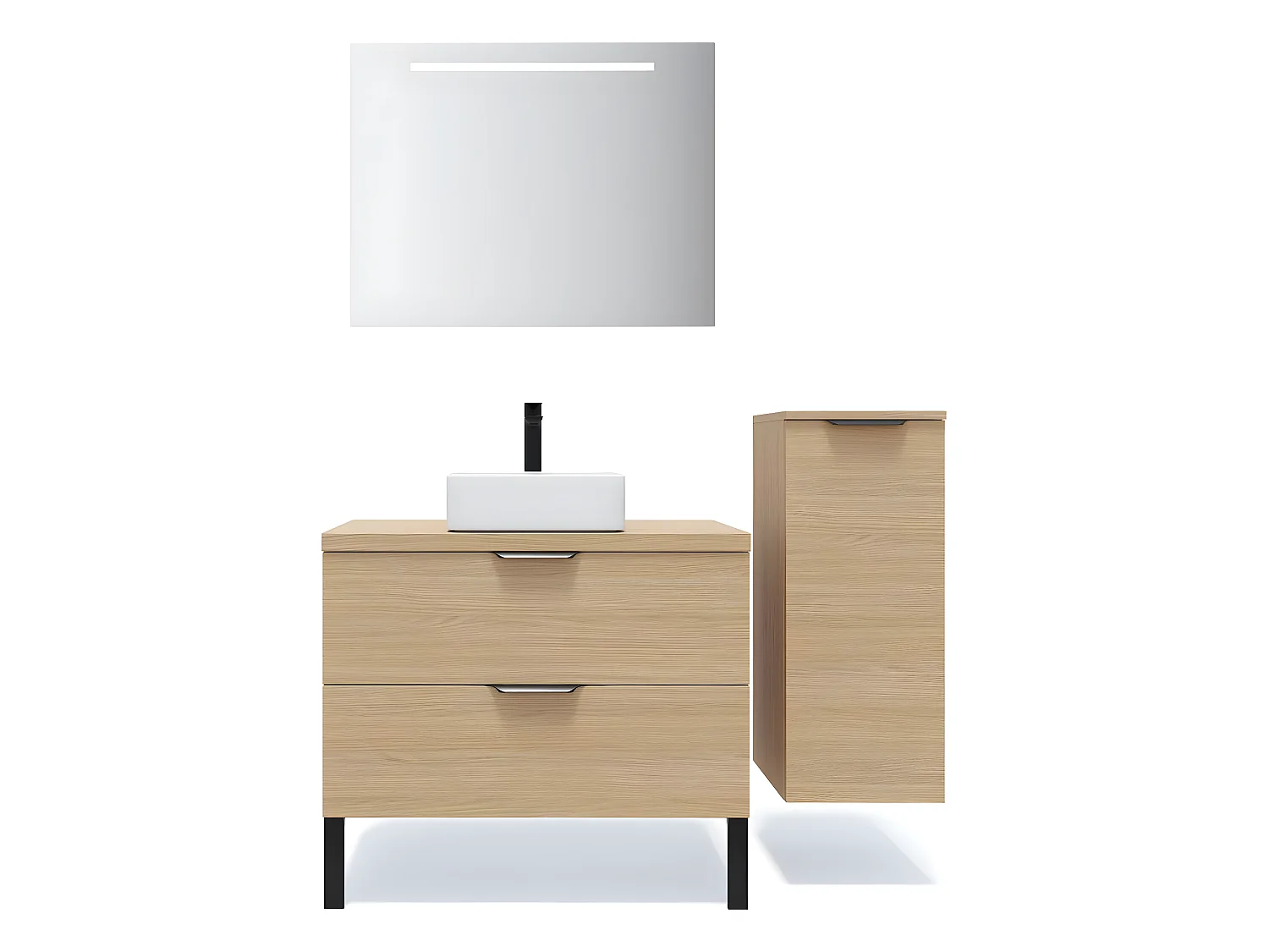 Meuble de salle de bain suspendu vasque à poser 90cm 2 tiroirs Chêne clair + miroir + colonne ouverture droite - Venice