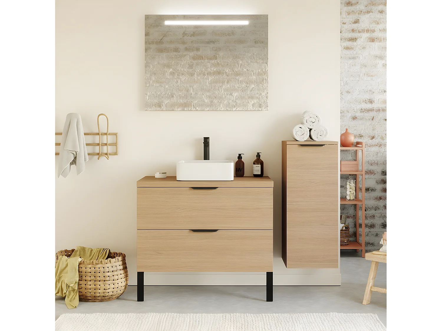 Meuble de salle de bain suspendu vasque à poser 90cm 2 tiroirs Chêne clair + miroir + colonne ouverture droite - Venice