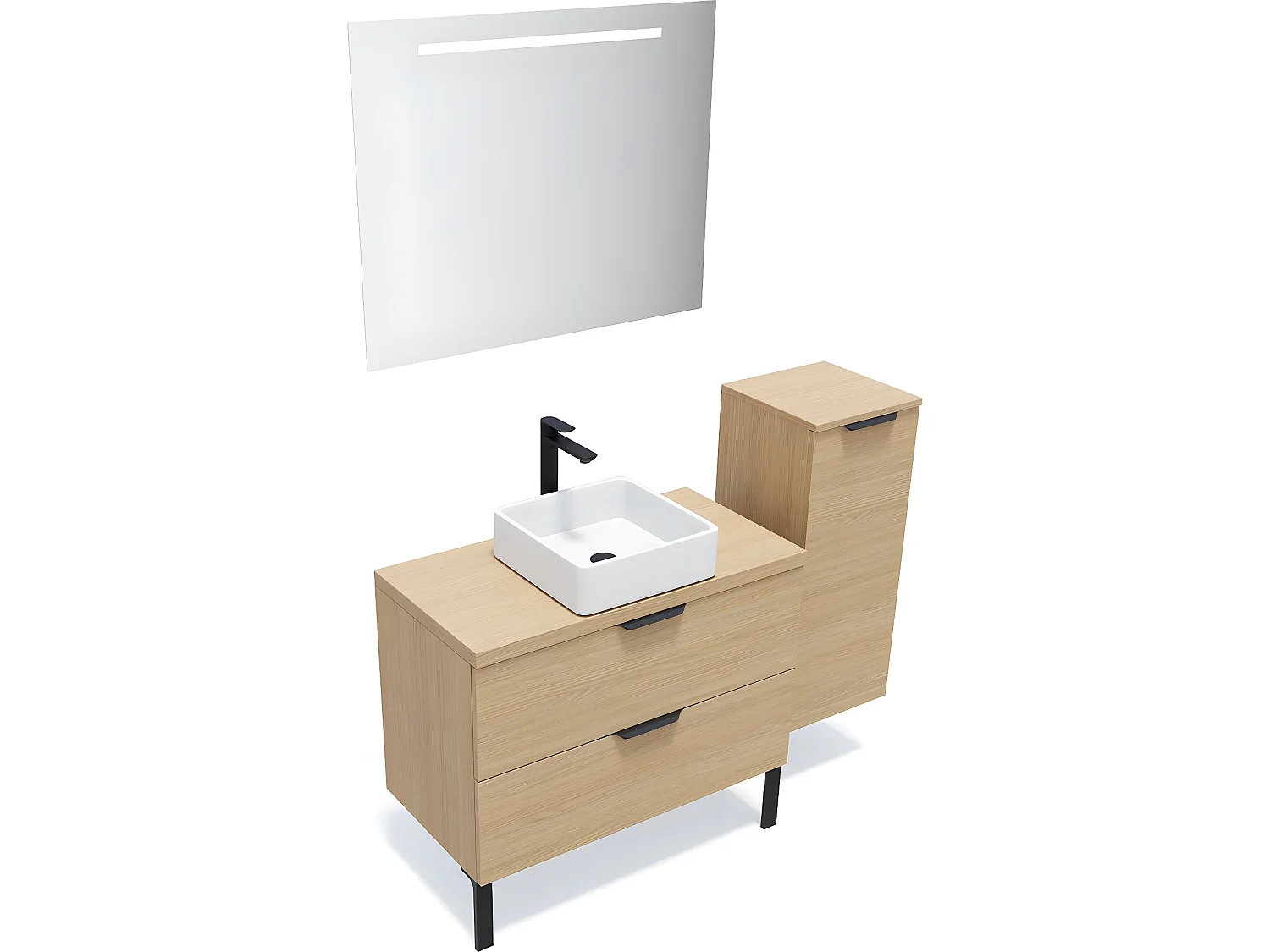 Meuble de salle de bain suspendu vasque à poser 90cm 2 tiroirs Chêne clair + miroir + colonne ouverture droite - Venice