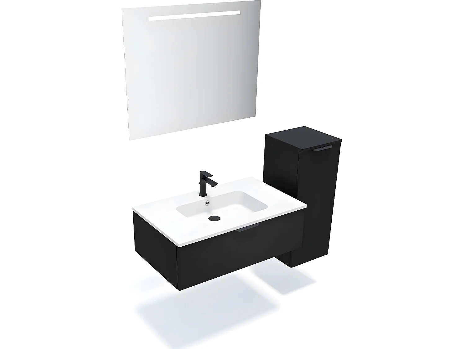 Meuble de salle de bain suspendu vasque intégrée 90cm 1 tiroir Noir + miroir + colonne ouverture droite - Soho