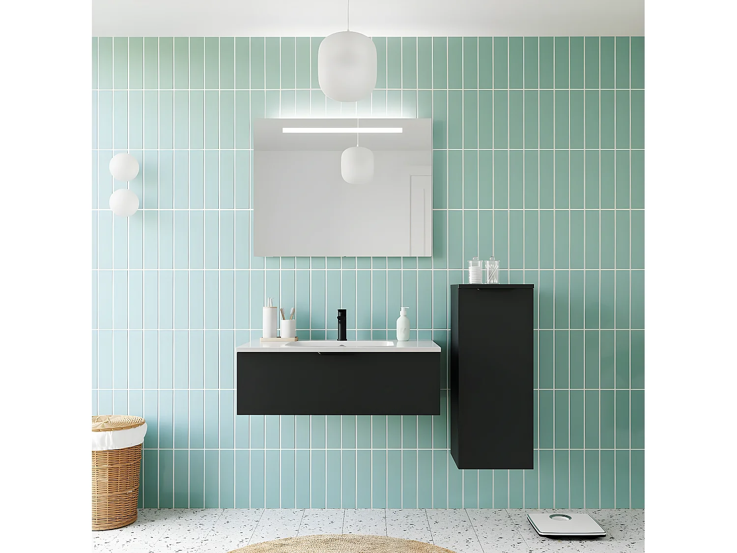 Meuble de salle de bain suspendu vasque intégrée 90cm 1 tiroir Noir + miroir + colonne ouverture droite - Soho
