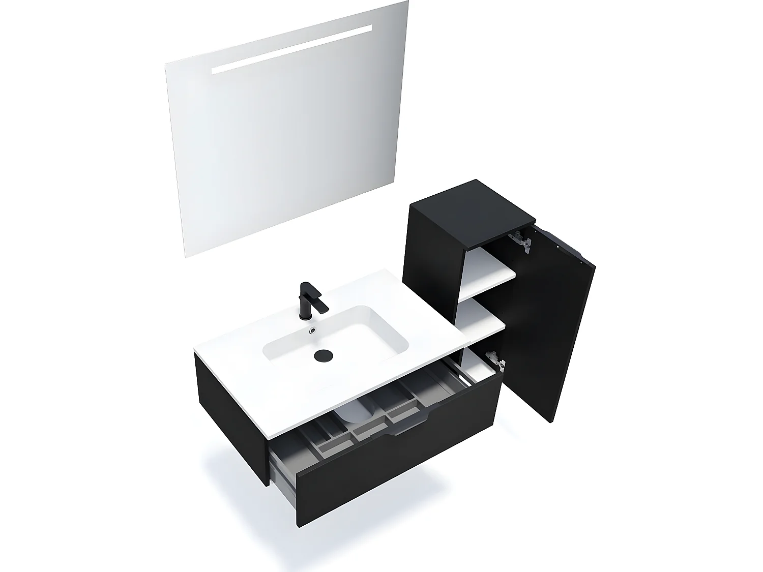 Meuble de salle de bain suspendu vasque intégrée 90cm 1 tiroir Noir + miroir + colonne ouverture droite - Soho