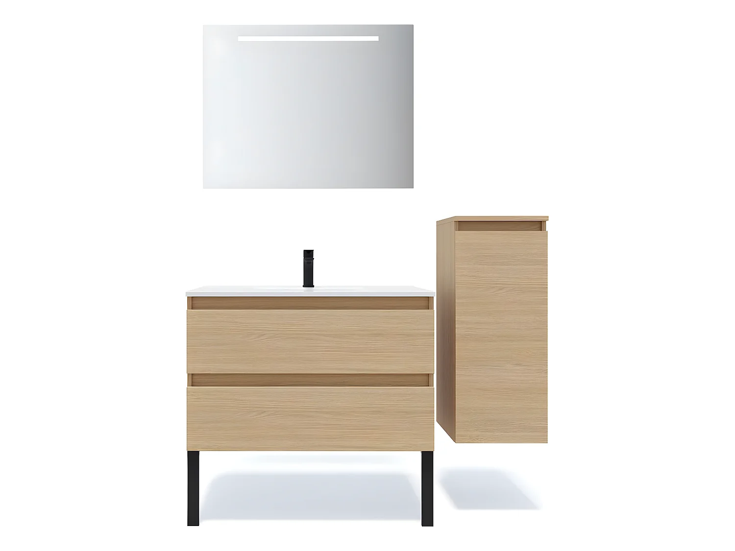 Meuble de salle de bain suspendu vasque intégrée 90cm 2 tiroirs Chêne clair + miroir + colonne ouverture droite - Hudson