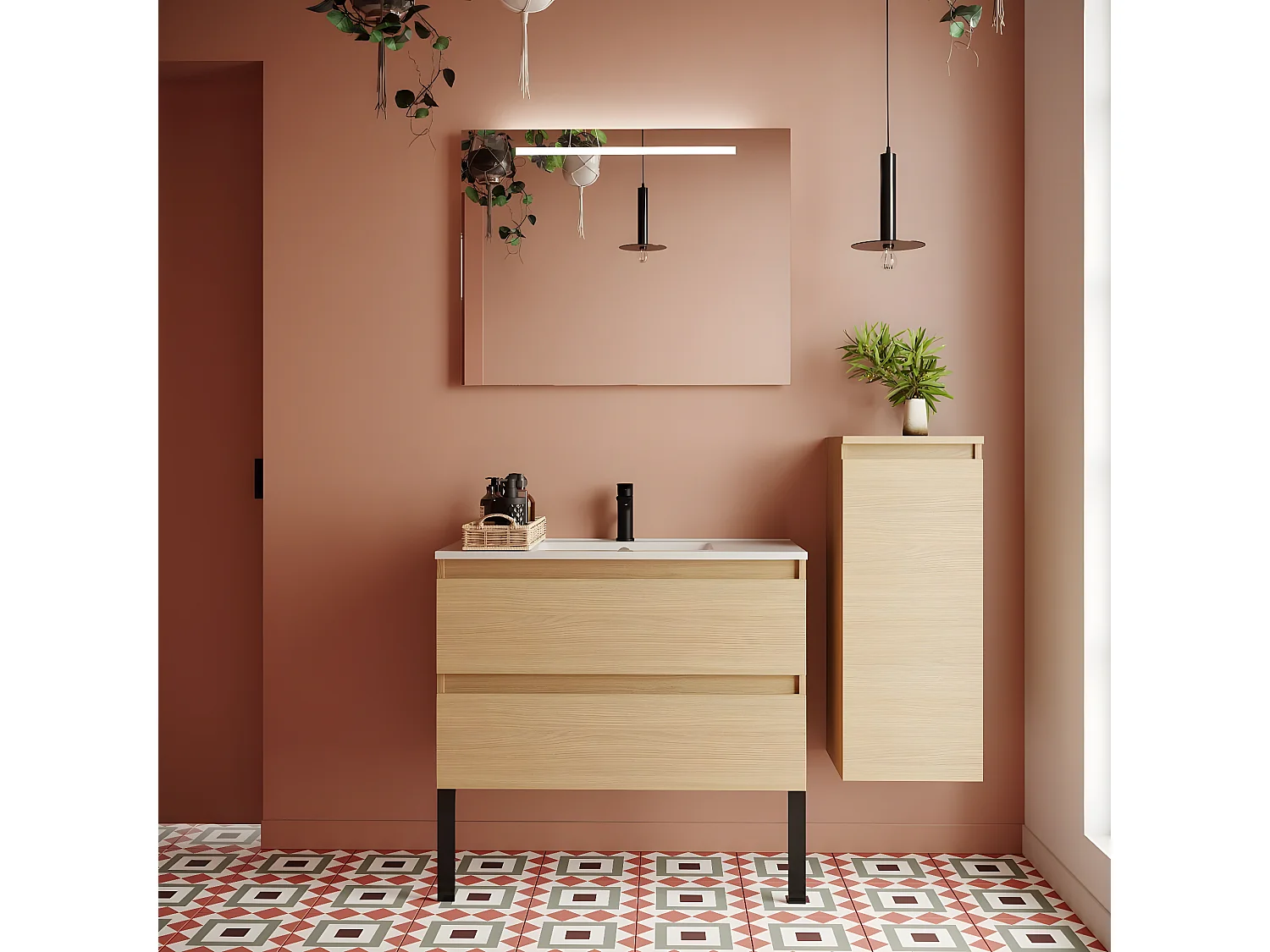 Meuble de salle de bain suspendu vasque intégrée 90cm 2 tiroirs Chêne clair + miroir + colonne ouverture droite - Hudson