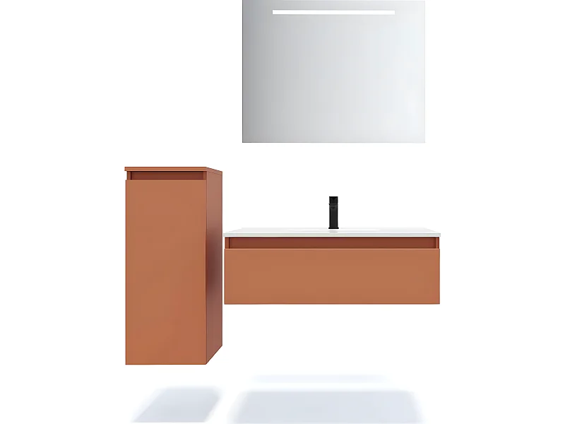 Meuble de salle de bain suspendu vasque intégrée 90cm 1 tiroir Terracotta + miroir + colonne ouverture gauche - Hudson