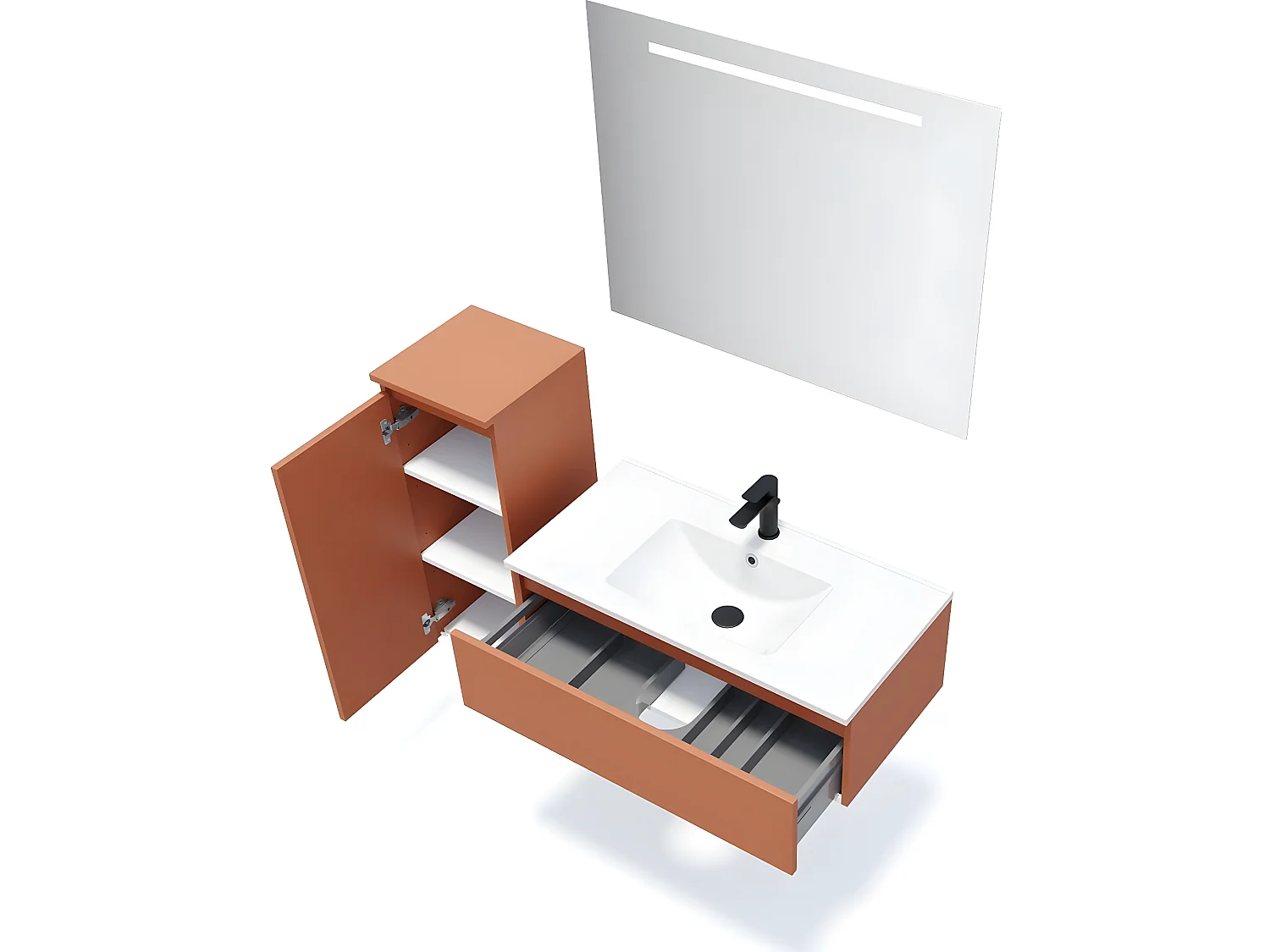 Meuble de salle de bain suspendu vasque intégrée 90cm 1 tiroir Terracotta + miroir + colonne ouverture gauche - Hudson