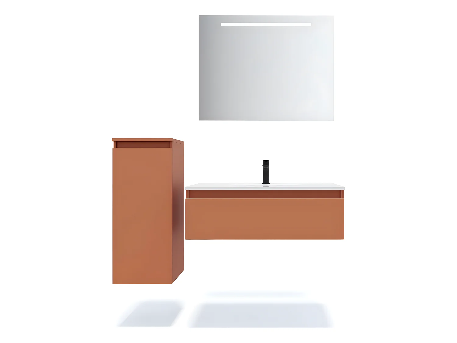 Meuble de salle de bain suspendu vasque intégrée 90cm 1 tiroir Terracotta + miroir + colonne ouverture gauche - Hudson