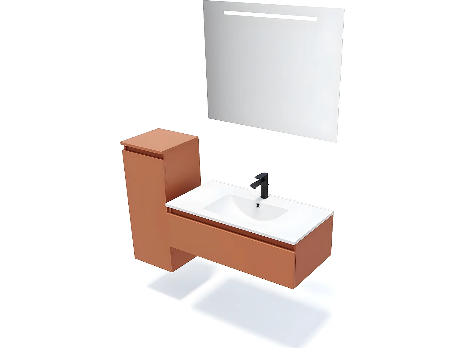 Meuble de salle de bain suspendu vasque intégrée 90cm 1 tiroir Terracotta + miroir + colonne ouverture gauche - Hudson