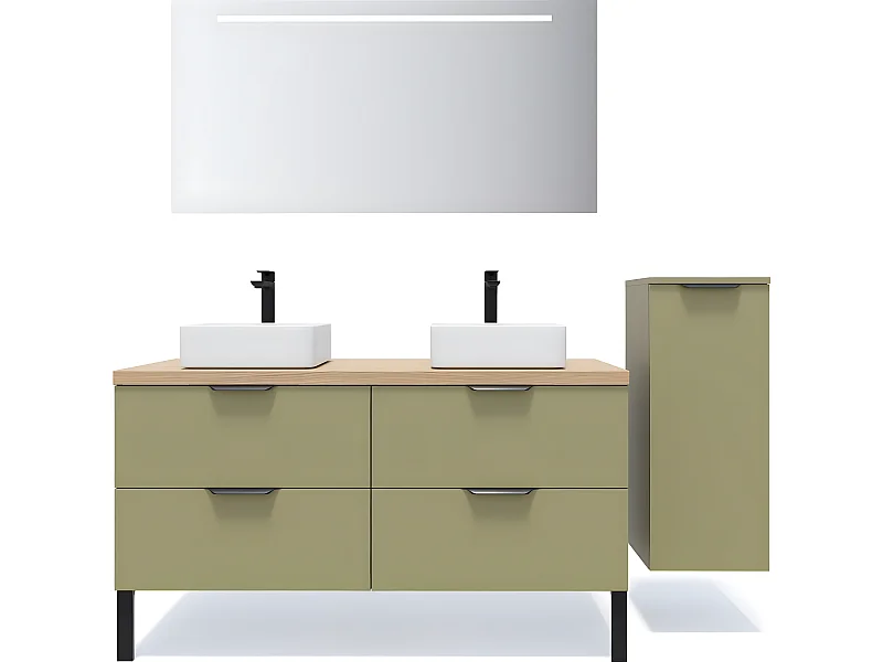 Meuble de salle de bain suspendu 2 vasques à poser 140cm 4 tiroirs Vert olive + miroir + colonne ouverture droite - Soho