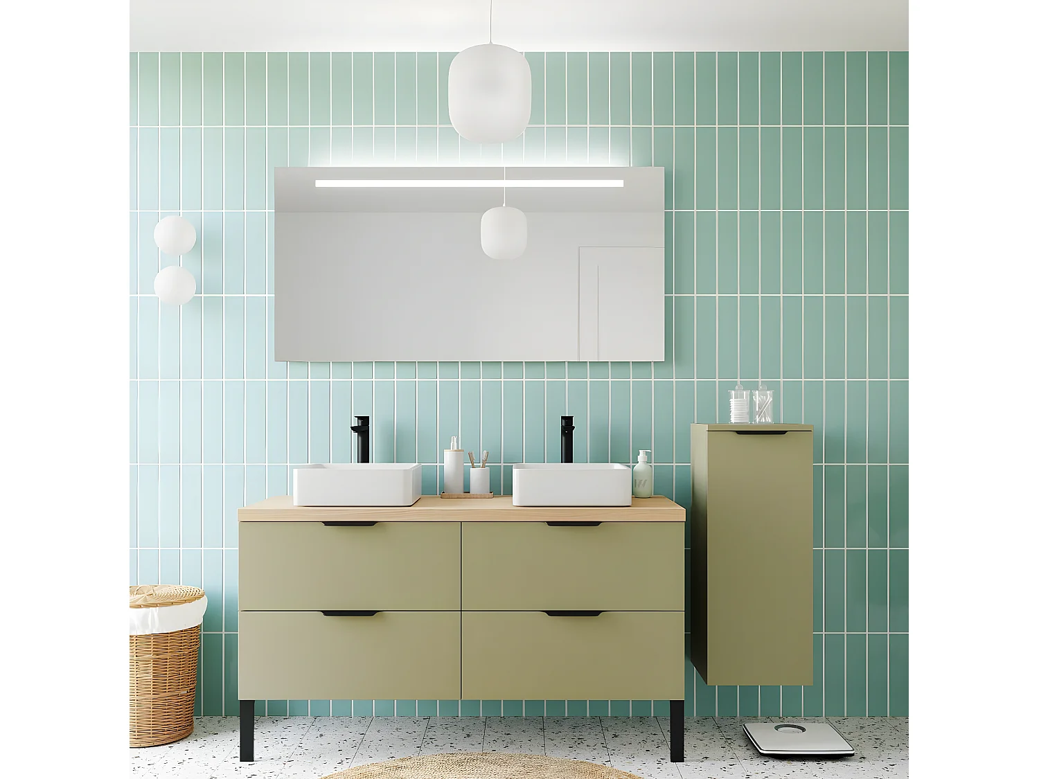 Meuble de salle de bain suspendu 2 vasques à poser 140cm 4 tiroirs Vert olive + miroir + colonne ouverture droite - Soho
