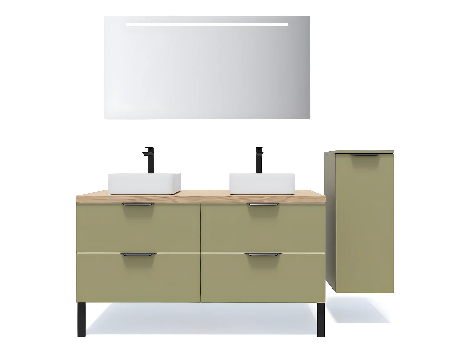 Meuble de salle de bain suspendu 2 vasques à poser 140cm 4 tiroirs Vert olive + miroir + colonne ouverture droite - Soho