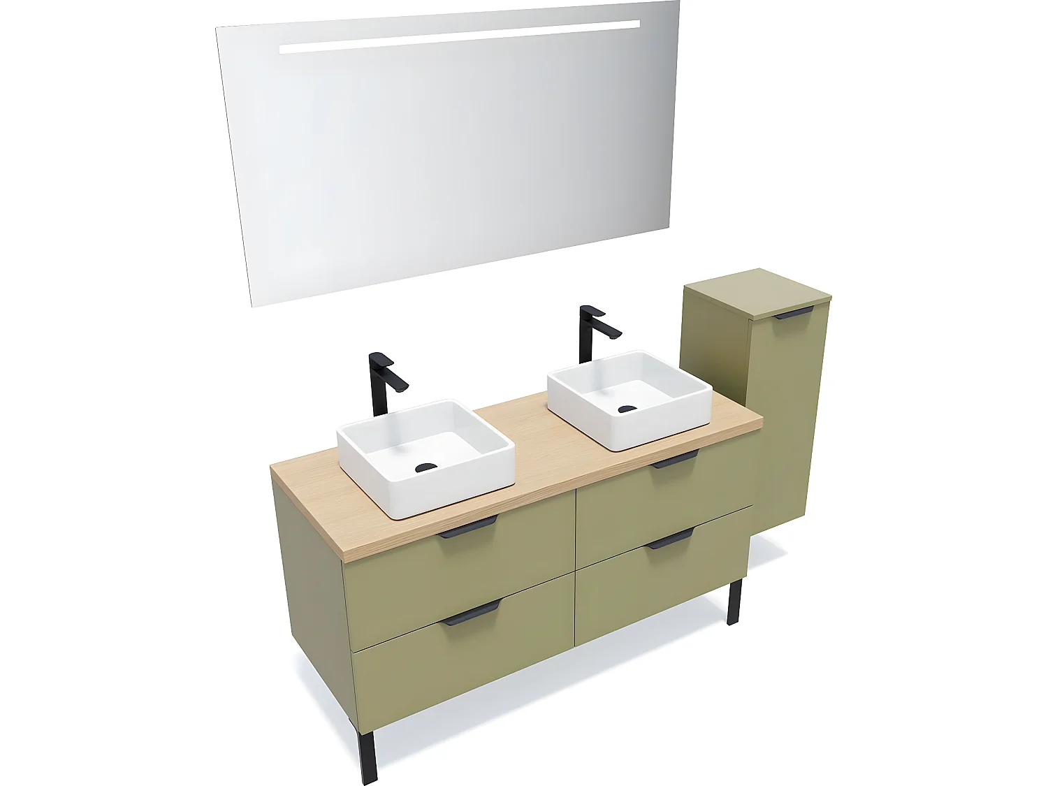 Meuble de salle de bain suspendu 2 vasques à poser 140cm 4 tiroirs Vert olive + miroir + colonne ouverture droite - Soho