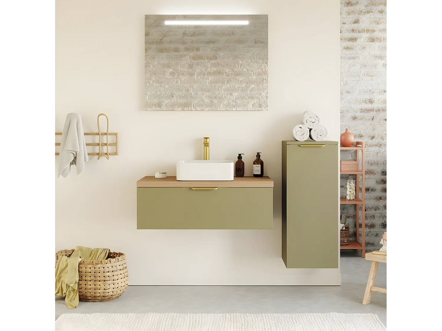 Meuble de salle de bain suspendu vasque à poser 90cm 1 tiroir Vert olive + miroir + colonne ouverture droite - Venice