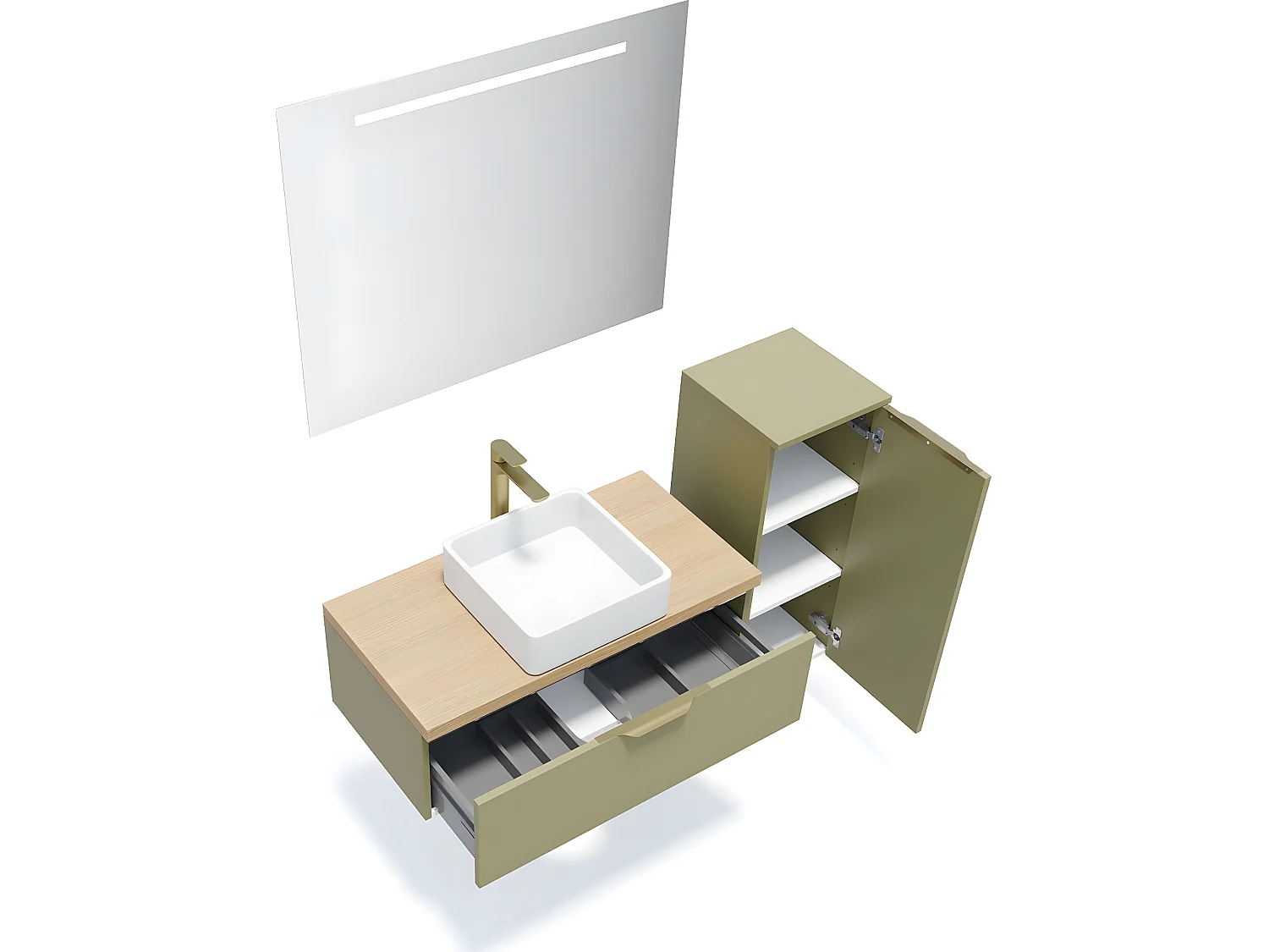 Meuble de salle de bain suspendu vasque à poser 90cm 1 tiroir Vert olive + miroir + colonne ouverture droite - Venice