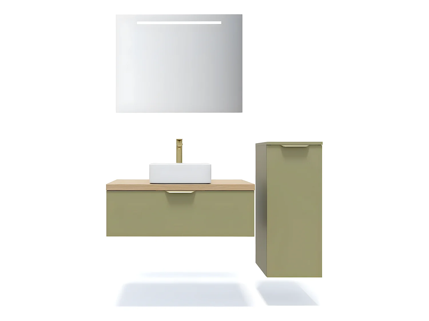 Meuble de salle de bain suspendu vasque à poser 90cm 1 tiroir Vert olive + miroir + colonne ouverture droite - Venice