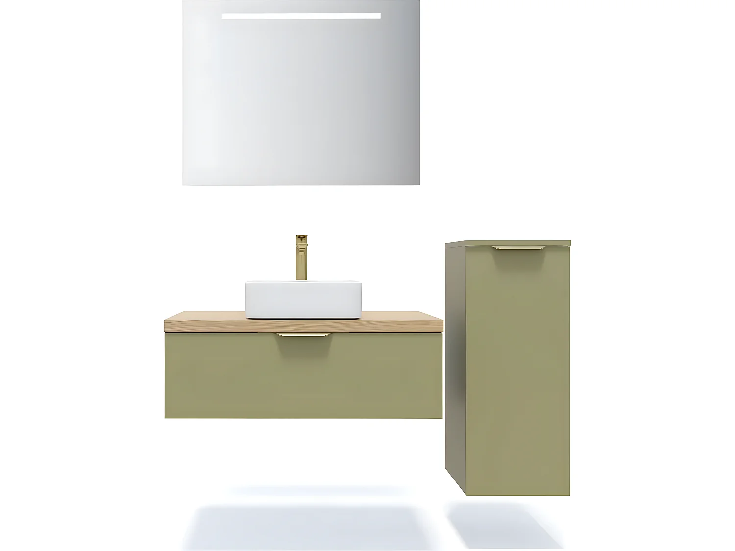 Meuble de salle de bain suspendu vasque à poser 90cm 1 tiroir Vert olive + miroir + colonne ouverture droite - Venice