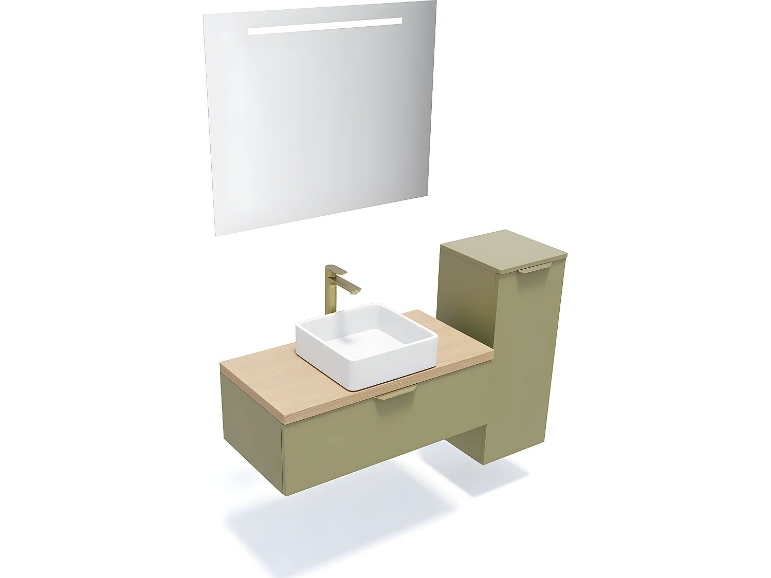 Meuble de salle de bain suspendu vasque à poser 90cm 1 tiroir Vert olive + miroir + colonne ouverture droite - Venice